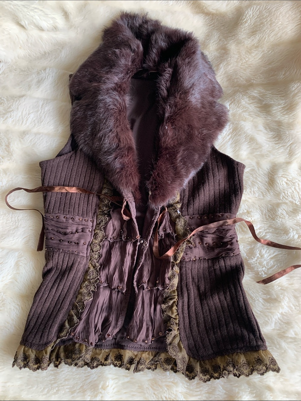 Y2K dark chocolate brown real fur sleeveless wrap vest jacket top S M